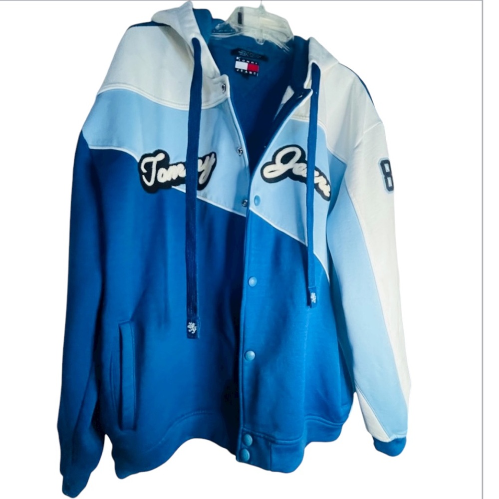 TOMMY HILFIGER Varsity Jeans Blue Knit vibrant fleece jacket- well made coat